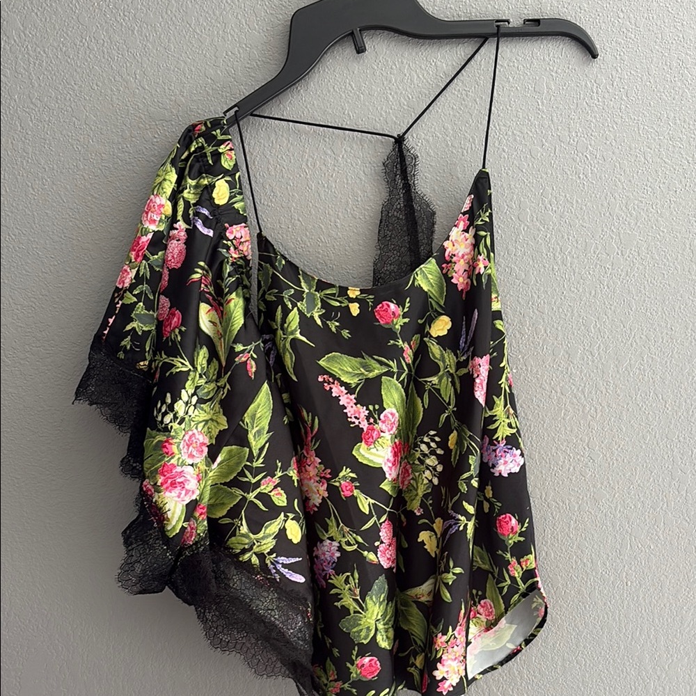 Victoria Secret Silk Floral Black Lace Trim PJ Set